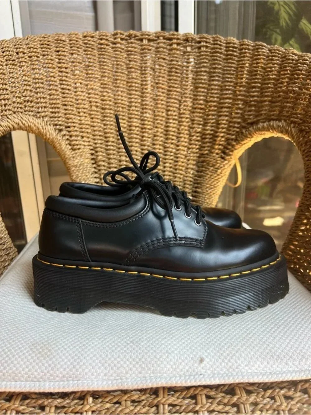 Dr. Martens Chunky Black Platform Lace-Up Shoes with Yellow Stitching